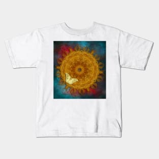 Magical fire mandala and gold butterfly Kids T-Shirt